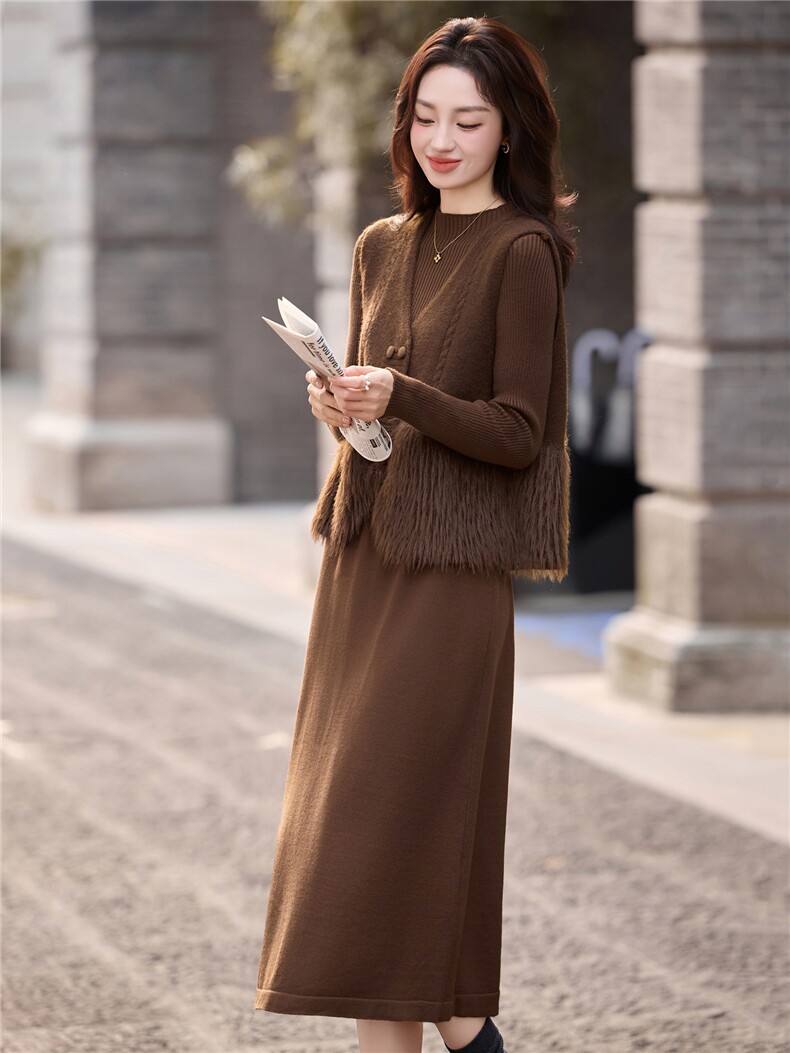 轻熟风气质针织马甲连衣裙两件套女2025秋冬新款洋气减龄套装裙子,女装套装/套裙,2B115