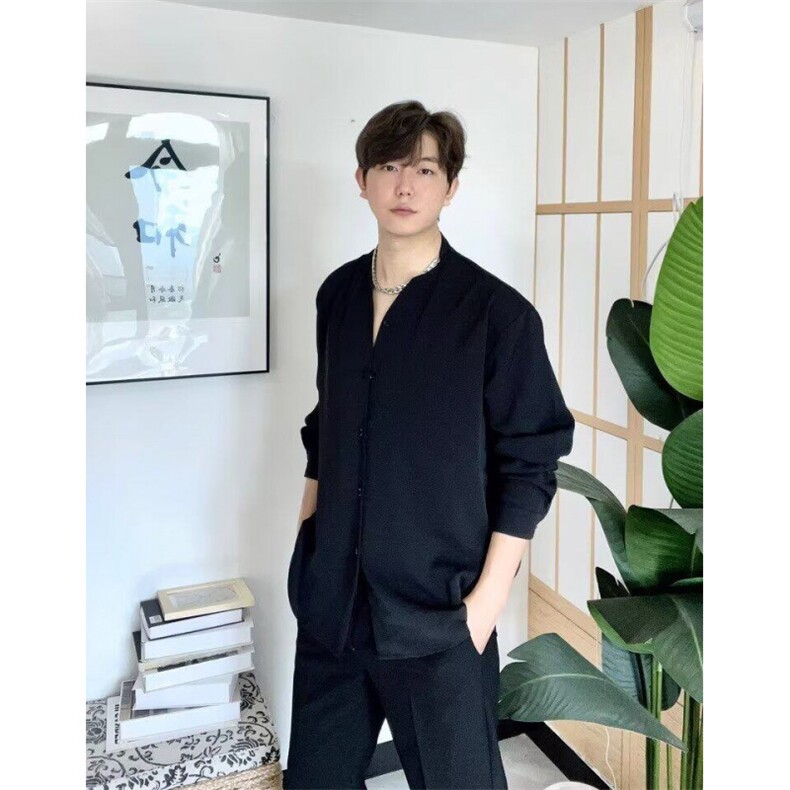 禁欲系垂感V领衬衫男春秋新款纯色宽松高冷风无领长袖衬衣ins时尚,男装衬衫,星座506A