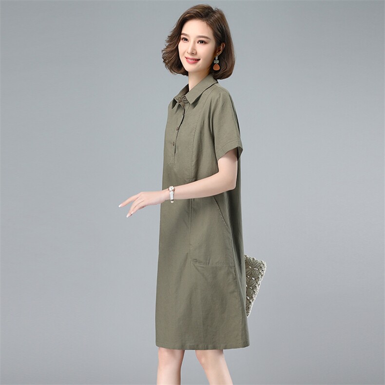 棉麻连衣裙女2025夏季新款中年妈妈气质休闲短袖直筒裙衬衫领裙子图片