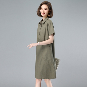 棉麻连衣裙女2025夏季新款中年妈妈气质休闲短袖直筒裙衬衫领裙子图片