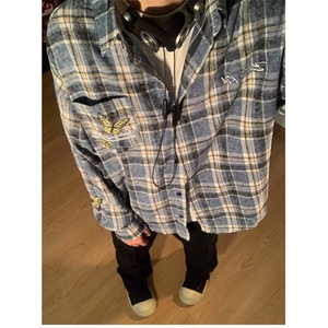 美式水洗做旧蝴蝶刺绣格子衬衫长袖男女宽松休闲百搭衬衣 C6050图片