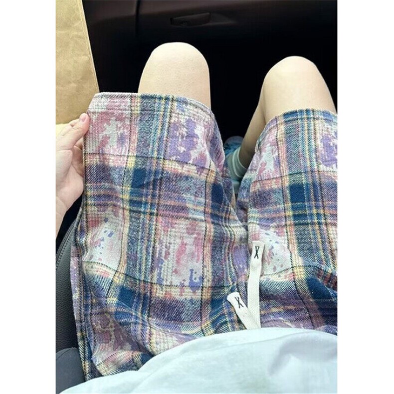 绿色扎染格子短裤男夏季薄款裤子设计感慵懒不过膝五分裤KD332,男装牛仔裤,星座1116A（原606A-3）