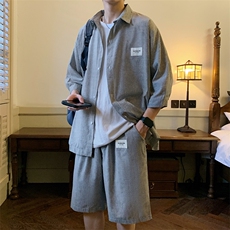 2026夏小清新条纹衬衫五分裤棉质宽松运动套装TZ8090/P65黑色8，男装休闲套装，电商A094