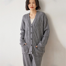长袖针织开衫女宽松百搭纯色35%羊绒衫休闲外套上衣，女装羊绒衫，雪山红莲