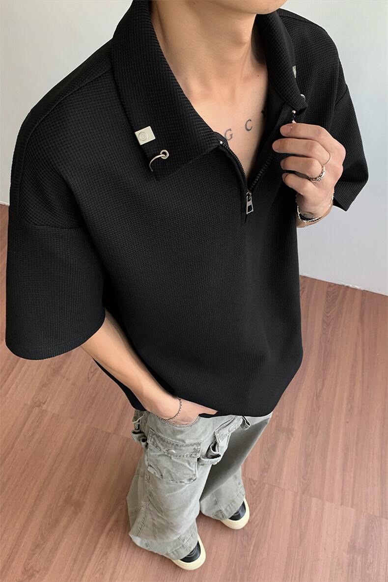 特批P25无差价华夫格金属扣百搭polo衫半拉链男宽松短袖T恤T5077,男装T恤,电商A001