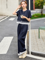 夏日ootd穿搭牛仔套装女2025新款设计感蕾丝拼接上衣阔腿裤两件套，女装套装/套裙，涵墨