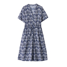 复古印花纯棉短袖连衣裙女夏2025新款文艺气绳收腰碎花衬衫裙，女装连衣裙，姿衣坊