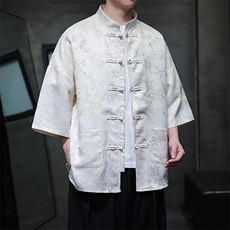 现货男士大码新中式提花竹叶小鸟花缎面短袖衬衫T2561-P65，男装衬衫，电商A021