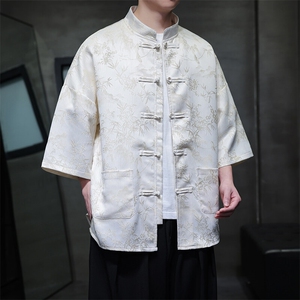 现货 男士大码新中式提花竹叶小鸟花缎面短袖衬衫T2561-P65图片