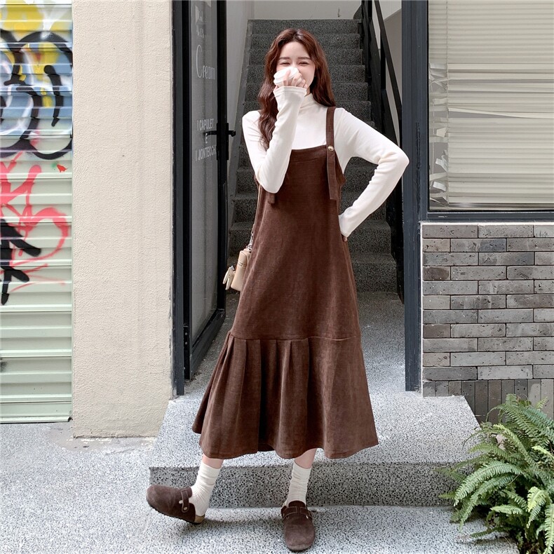 咖色复古设计感背带连衣裙套装女2025秋季温柔风打底衫长裙两件套,女装套装/套裙,2C206