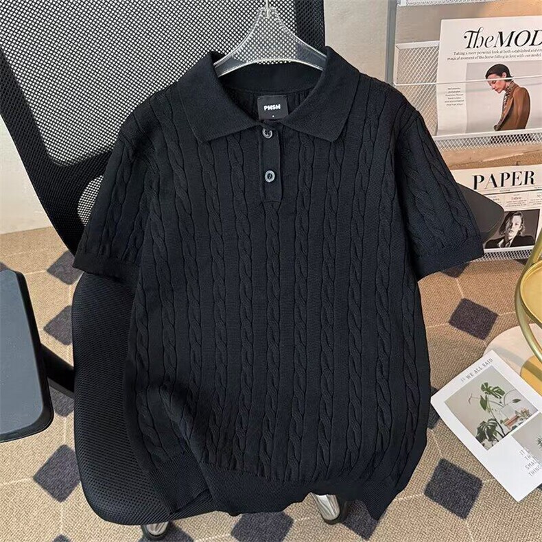 高品质百搭时尚ins潮流美式复古小马翻领宽松麻花短袖针织POLO衫,男装T恤,星座410-6（原星座1304-1）