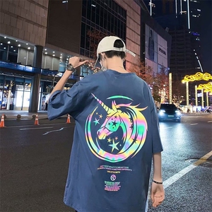 潮牌2021夜光反光卡通印花宽松上衣韩版潮流情侣长袖T恤W229-P30图片
