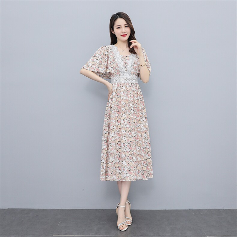 蕾丝雪纺碎花连衣裙女2022夏新款减龄显瘦气质长款长裙图片