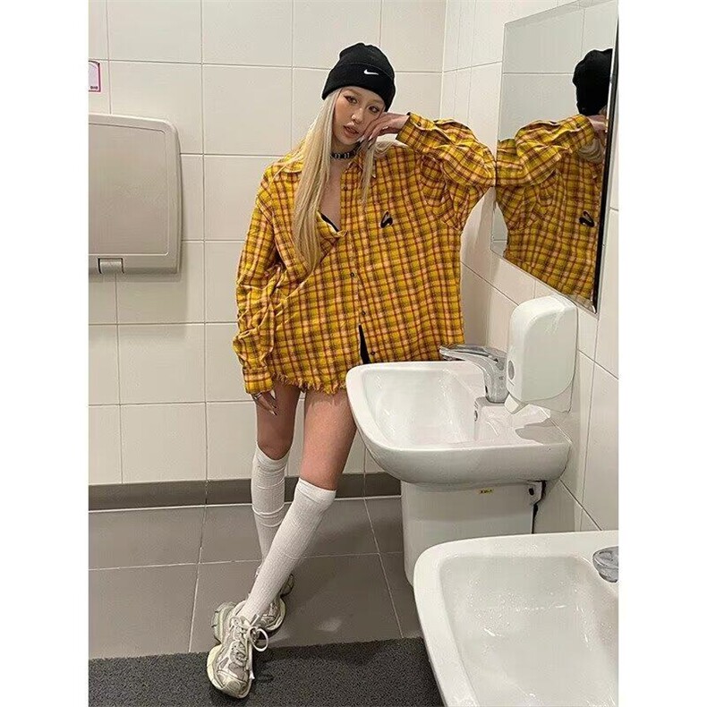 2025美式复古多巴胺黄色格子衬衫男女高街衬衣开衫长袖外套上衣,男装衬衫,星座506A