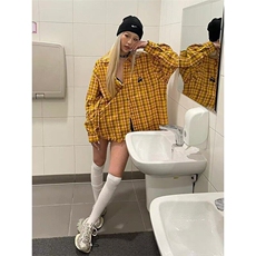 2025美式复古多巴胺黄色格子衬衫男女高街衬衣开衫长袖外套上衣，男装衬衫，星座506A