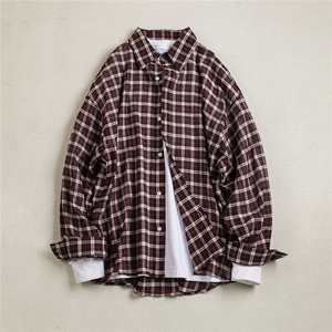 B413-1-DX6113美式复古慵懒感长袖格子衬衫男女宽松休闲衬衣外搭图片