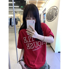 复古红色钉珠字母正肩短袖t恤男女夏季宽松设计感ins潮牌上衣，男装T恤，星座601-1