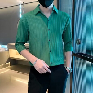 夏季冰丝短袖衬衫男潮流修身半袖寸衫五分袖潮牌中袖衬衣 CS001图片