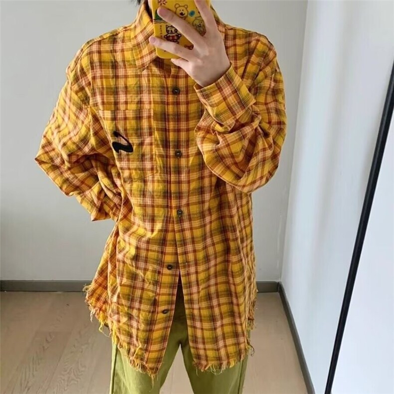 2025美式复古多巴胺黄色格子衬衫男女高街衬衣开衫长袖外套上衣,男装衬衫,星座506A