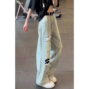 美式高街涂鸦小狗刺绣牛仔裤男青少年时尚百搭水洗设计感直筒长裤图片
