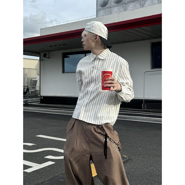 美式潮牌高街复古泡泡纱竖条纹日系肌理长袖衬衫男女休闲宽松衬衣,男装衬衫,电商A486