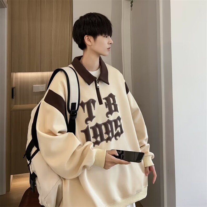 美式复古POLO领卫衣男2024春秋款潮牌设计感半拉链外套WB125-P41图片