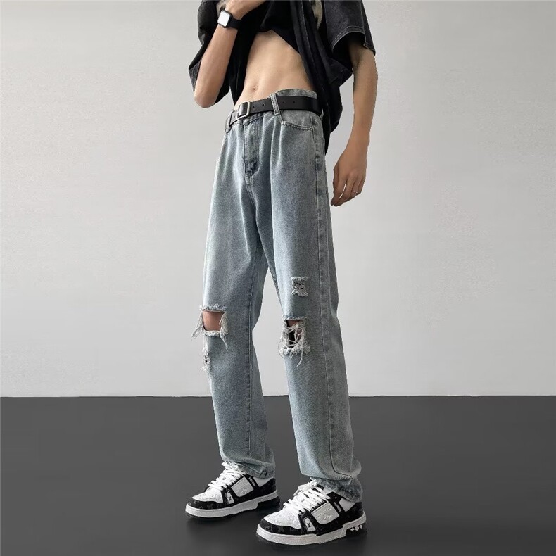 破洞牛仔裤男款潮牌夏季美式高街vibe直筒修身微喇裤休闲裤子图片