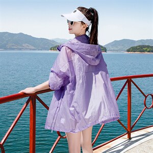 2024夏季轻薄透气连帽防晒衣女大版宽松拉链薄外套防晒开衫中长款图片