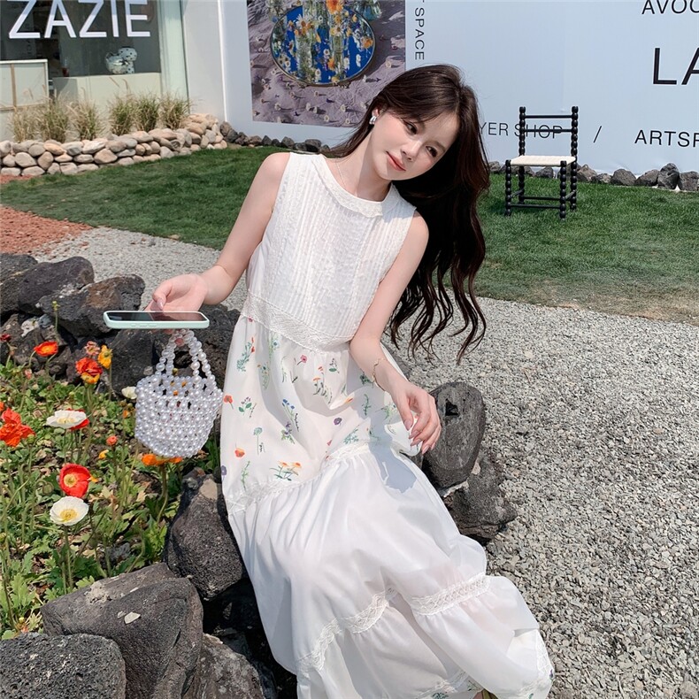 白色气质女神范碎花度假无袖长裙新款小个子森系初恋连衣裙女夏,女装连衣裙,2C167