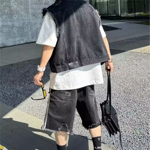 痞帅破洞毛边设计感牛仔马甲外套男坎肩百搭上衣高街情侣背心夹克图片