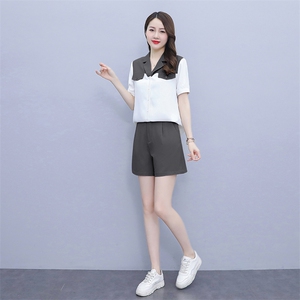 两件套2023夏季新款质感撞色拼接衬衫裤子套装女图片