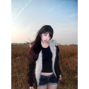 现货重磅硬挺boxy羽绒棉衣座山雕猫耳大毛毛领麂皮棉服冬外套图片