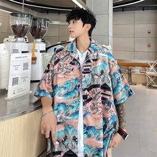 控价59扎染花衬衫水墨印花风衬衫多色宽松短袖衬衫CS891P35，男装衬衫，电商A128
