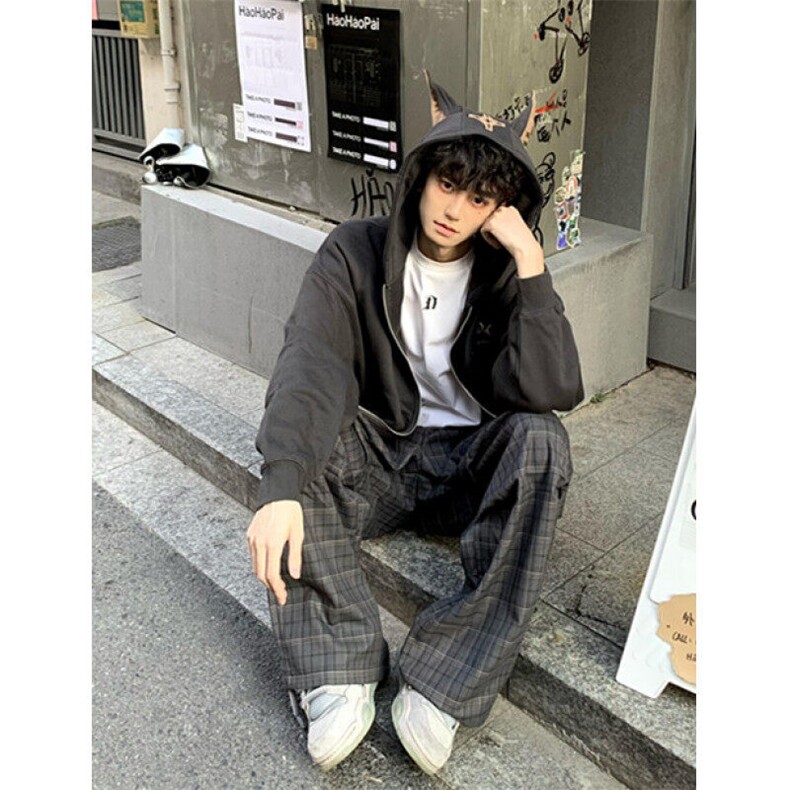 阔腿慵懒风格子裤男女宽松直筒松弛感深灰暗纹褶皱休闲裤K9G6,男装休闲裤,星座1116A（原606A-3）