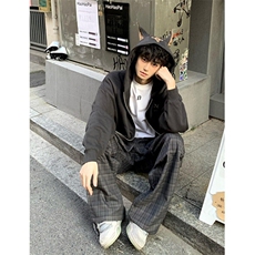 阔腿慵懒风格子裤男女宽松直筒松弛感深灰暗纹褶皱休闲裤K9G6，男装休闲裤，星座1116A（原606A-3）