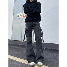 复古水洗做旧牛仔裤男多口袋直筒显瘦阔腿休闲拖地裤LA4100-P58，男装牛仔裤，星座1008