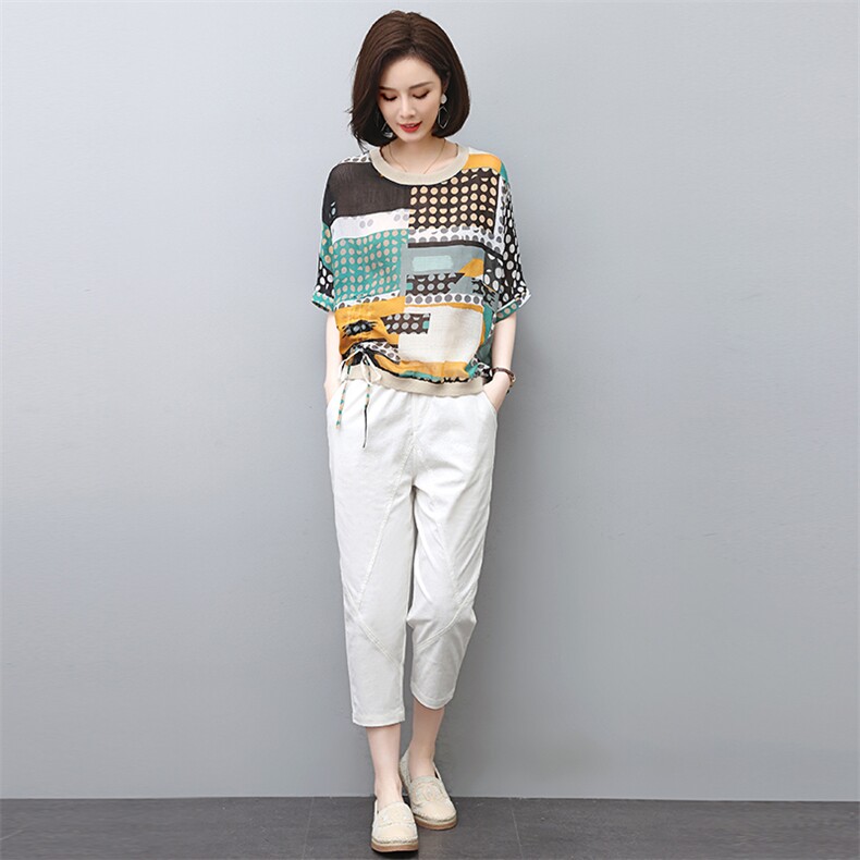 休闲套装女夏2023新款春秋时尚洋气时髦贵夫人妈妈棉麻职业两件套,女装套装/套裙,涵誉