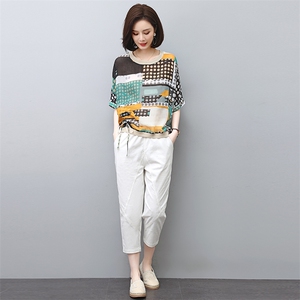 休闲套装女夏2023新款春秋时尚洋气时髦贵夫人妈妈棉麻职业两件套图片