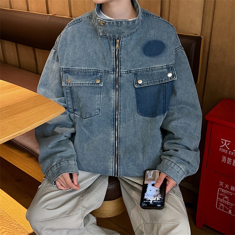 重磅做旧水洗分割多口袋机车风高领廓形短款牛仔夹克,男装夹克,星座410-6（原星座1304-1）