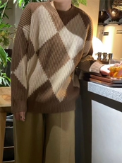 35%羊绒复古经典色系黑白菱形格羊绒针织衫，女装羊绒衫，以美红杉羊绒