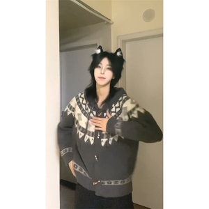 重磅秋冬北极绒开衫毛衣美式复古休闲慵懒风牛角扣针织衫连帽外套图片