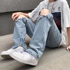 破洞乞丐牛仔裤男潮牌chic修身宽松阔腿裤显瘦直筒老爹裤DN14-p40，男装牛仔裤，星座1008-2