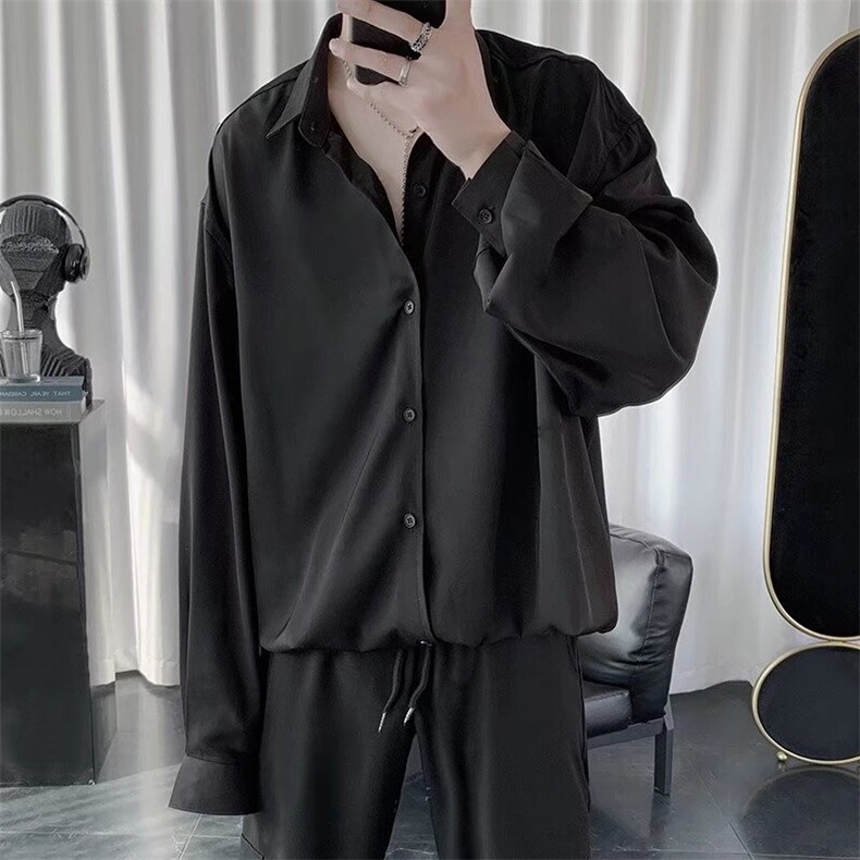 C129-P25秋季暗黑系纯色薄款衬衫男士炸街潮流宽松bf上衣,男装衬衫,电商B323A