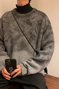 M3117/P70冬季毛衣男圆领套头针织衫腰果花扎染大码上衣毛衣图片