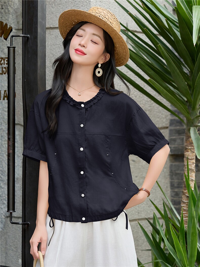木耳花边圆领苎麻小衫女2026年夏季新款减龄百搭宽松休闲上衣,女装衬衫,余墨