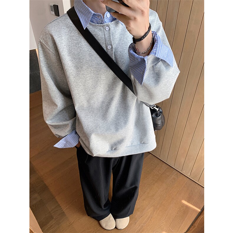 假两件撞色拼接卫衣长袖男女衬衫领宽松百搭套头上衣-TP2510-P68，男装衬衫，电商B289-1