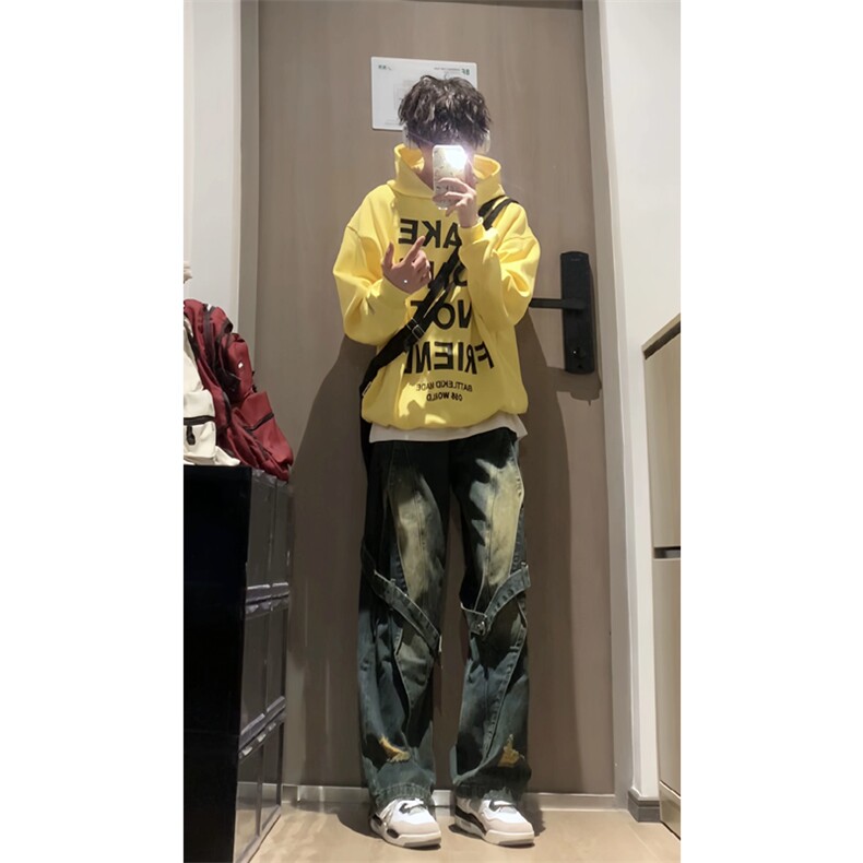 360g重磅华棉卫衣明黄色连帽大字母印花上衣外套W2482-P48,男装卫衣,星座1213
