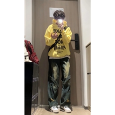 360g重磅华棉卫衣明黄色连帽大字母印花上衣外套W2482-P48，男装卫衣，星座1213