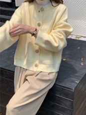 秋冬新款圆领扣气质开衫外套时尚百搭，女装针织衫/毛衣，兰叶羊绒