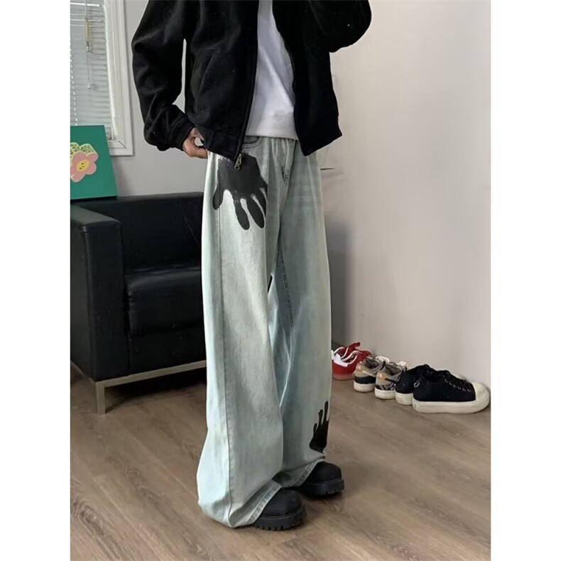 美式高街复古牛仔裤男春秋季新款设计感vibe工装直筒阔腿裤图片